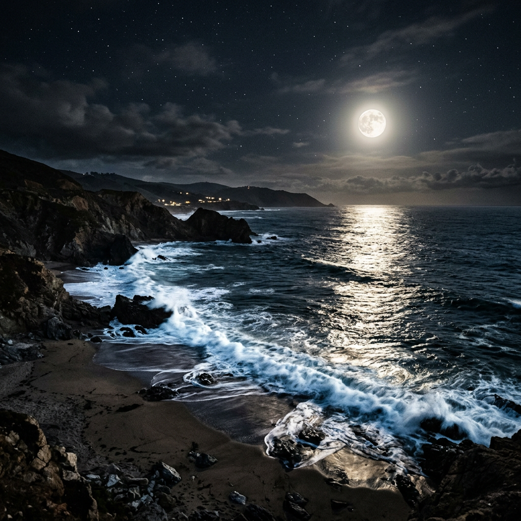 Full moon shining over ocean waves crashing on rocky coast at night