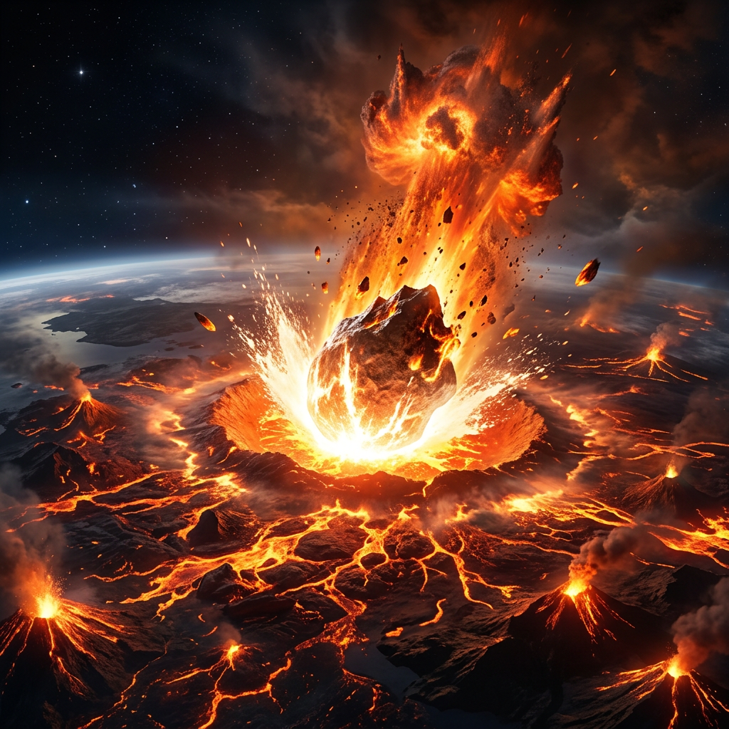 A massive meteor crashing into a volcanic region with erupting volcanoes and flowing lava
