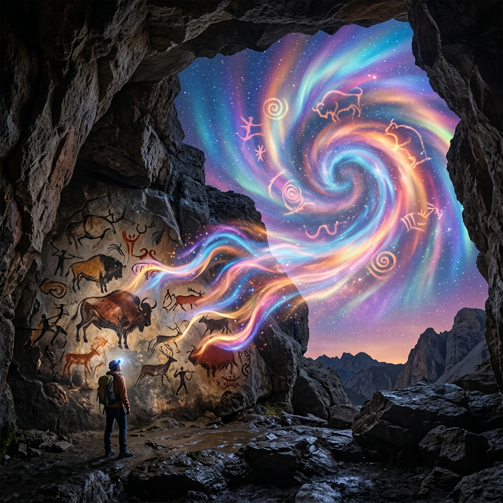 Person in cave observing glowing cave paintings transforming into colorful swirling symbols