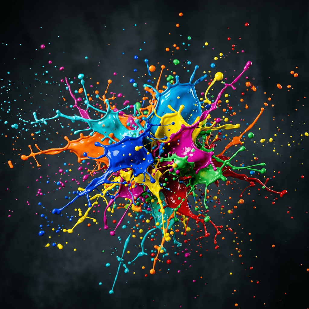 Bright splashes of blue, yellow, pink, green, orange, and red paint exploding outward.