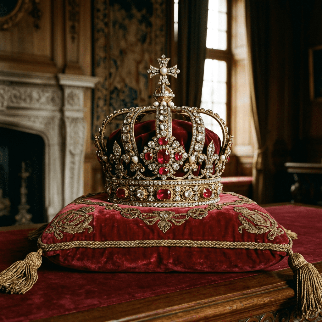Jeweled royal crown with pearls and rubies on embroidered red velvet cushion