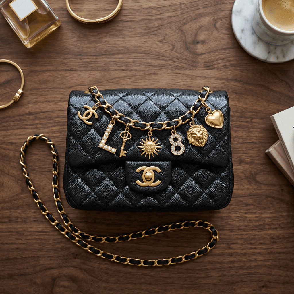 Black quilted Chanel handbag with gold chain and various gold charms including logo, letter L, key, sun, number 8, lion, and heart