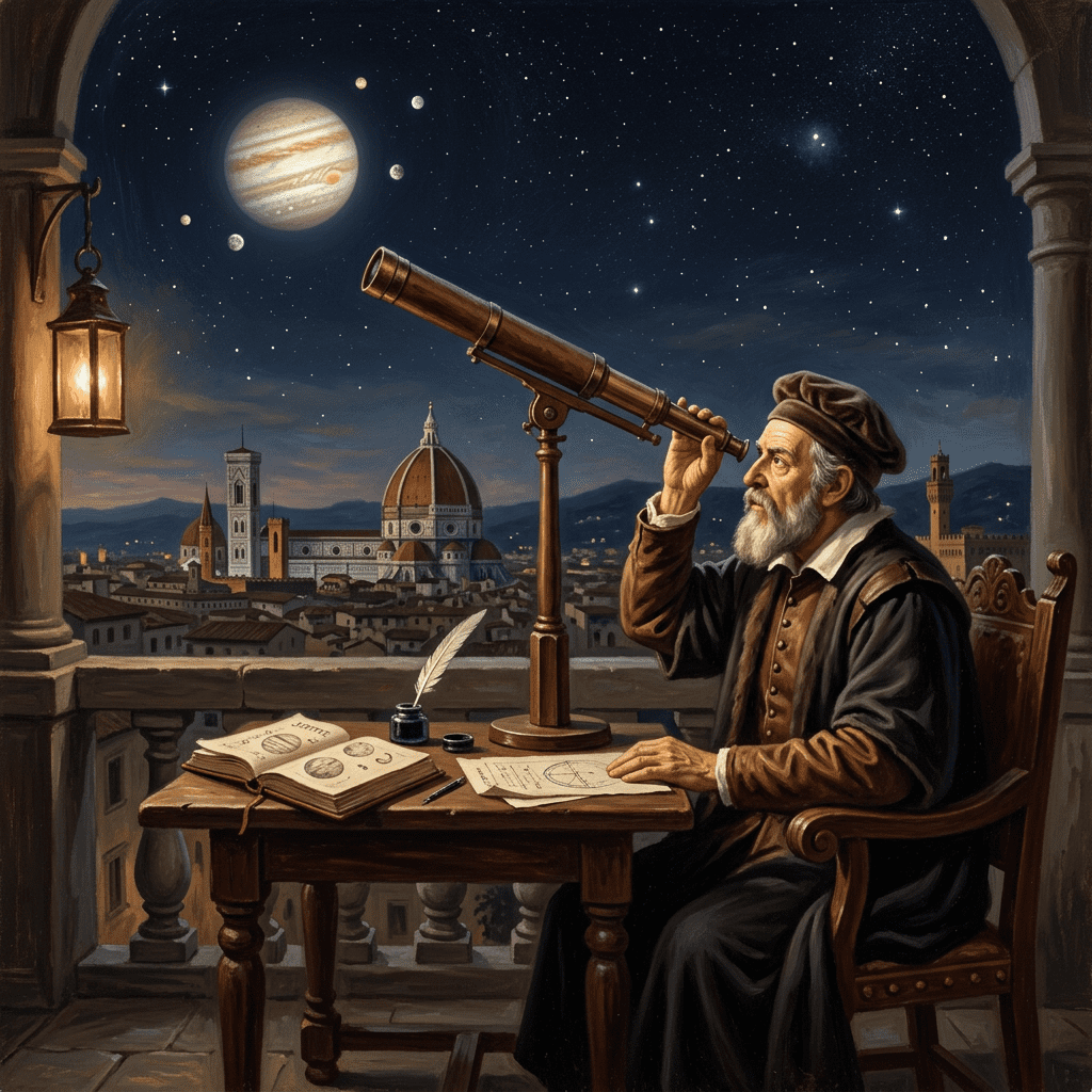 Astronomer using a telescope to observe Jupiter and its moons above a nighttime Florence skyline