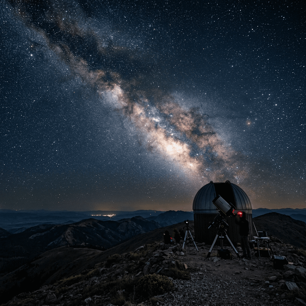 Milky Way galaxy visible above a mountain observatory with telescopes