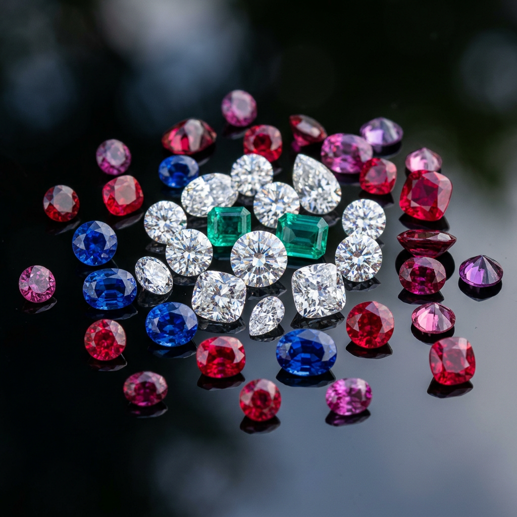 Various round, oval, and emerald-cut red, blue, green, purple, and clear gemstones scattered on a glossy black surface.