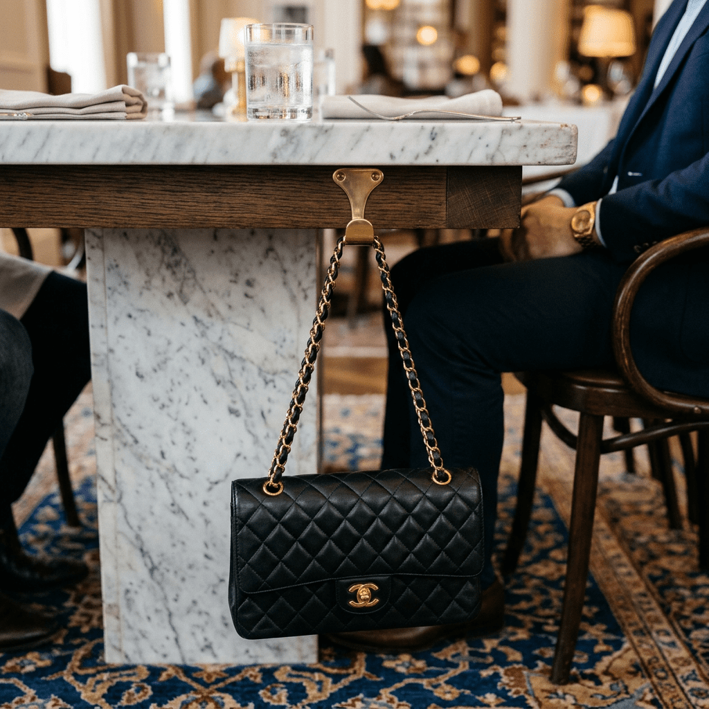 Black quilted handbag hanging on gold hook under a marble table