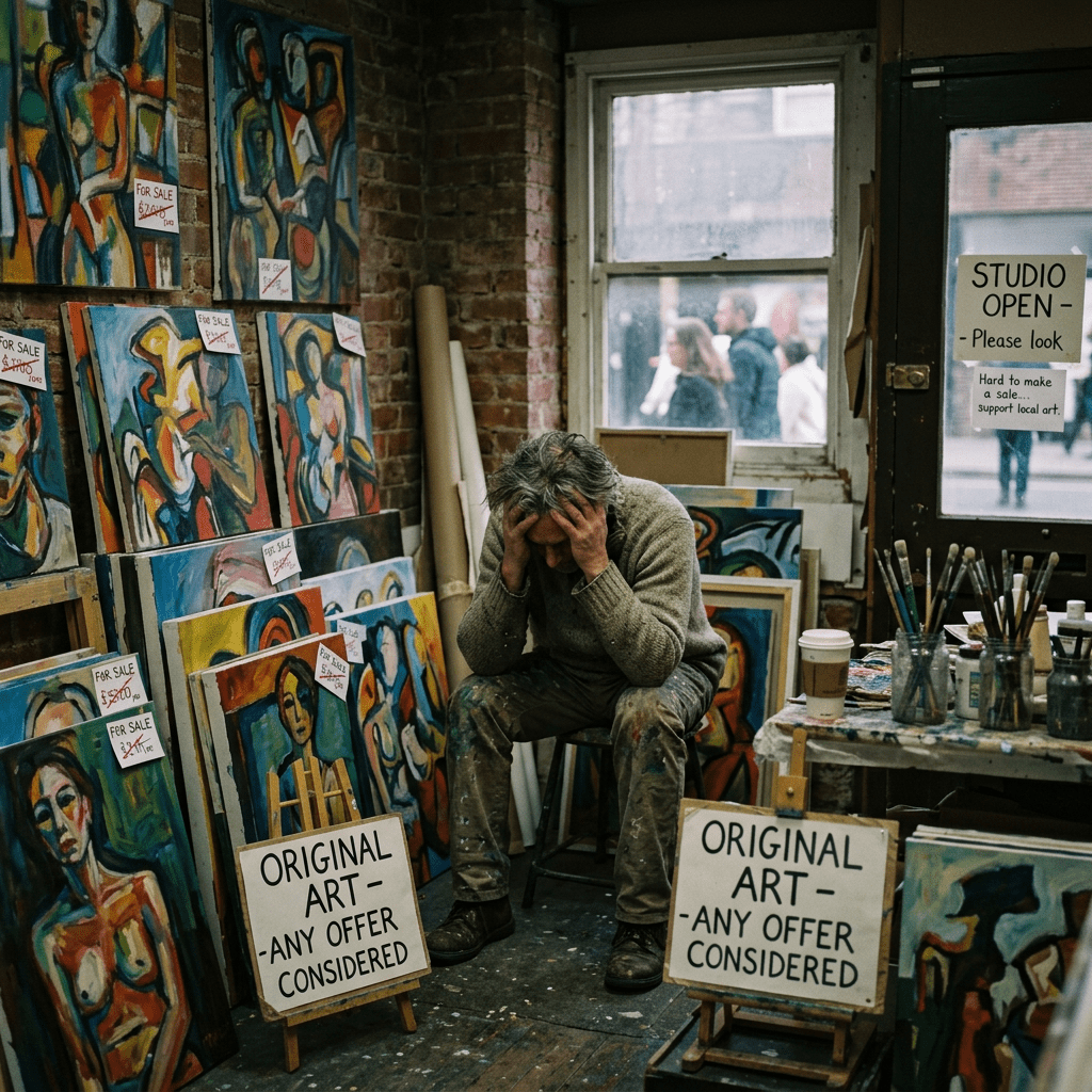 Artist sitting with head in hands among paintings and 'Original Art - Any Offer Considered' signs