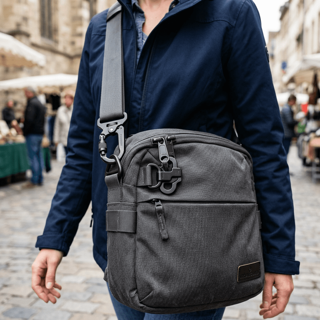 Gray crossbody bag with multiple compartments worn by person in navy jacket