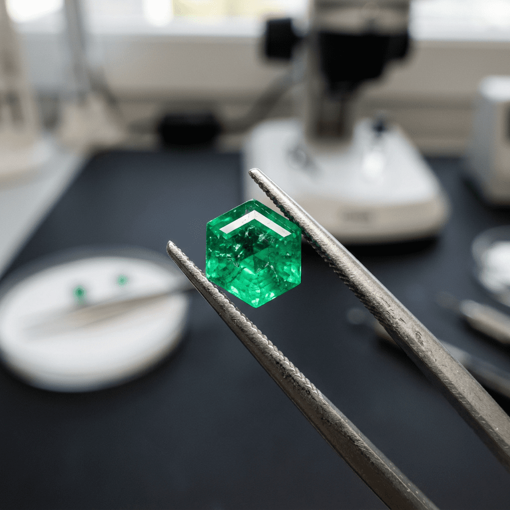 Hexagonal green emerald gemstone held by tweezers