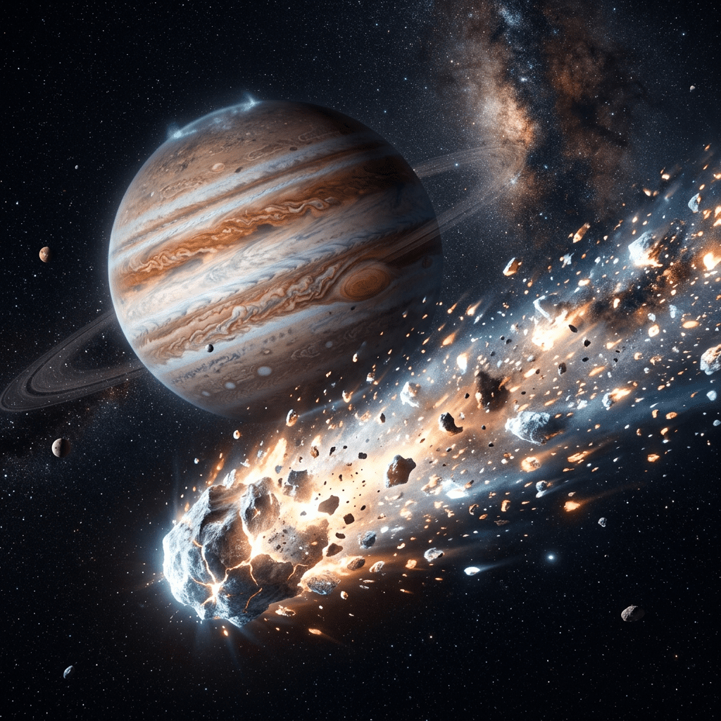 Asteroid disintegrating with debris near a striped gas giant planet with rings and several moons