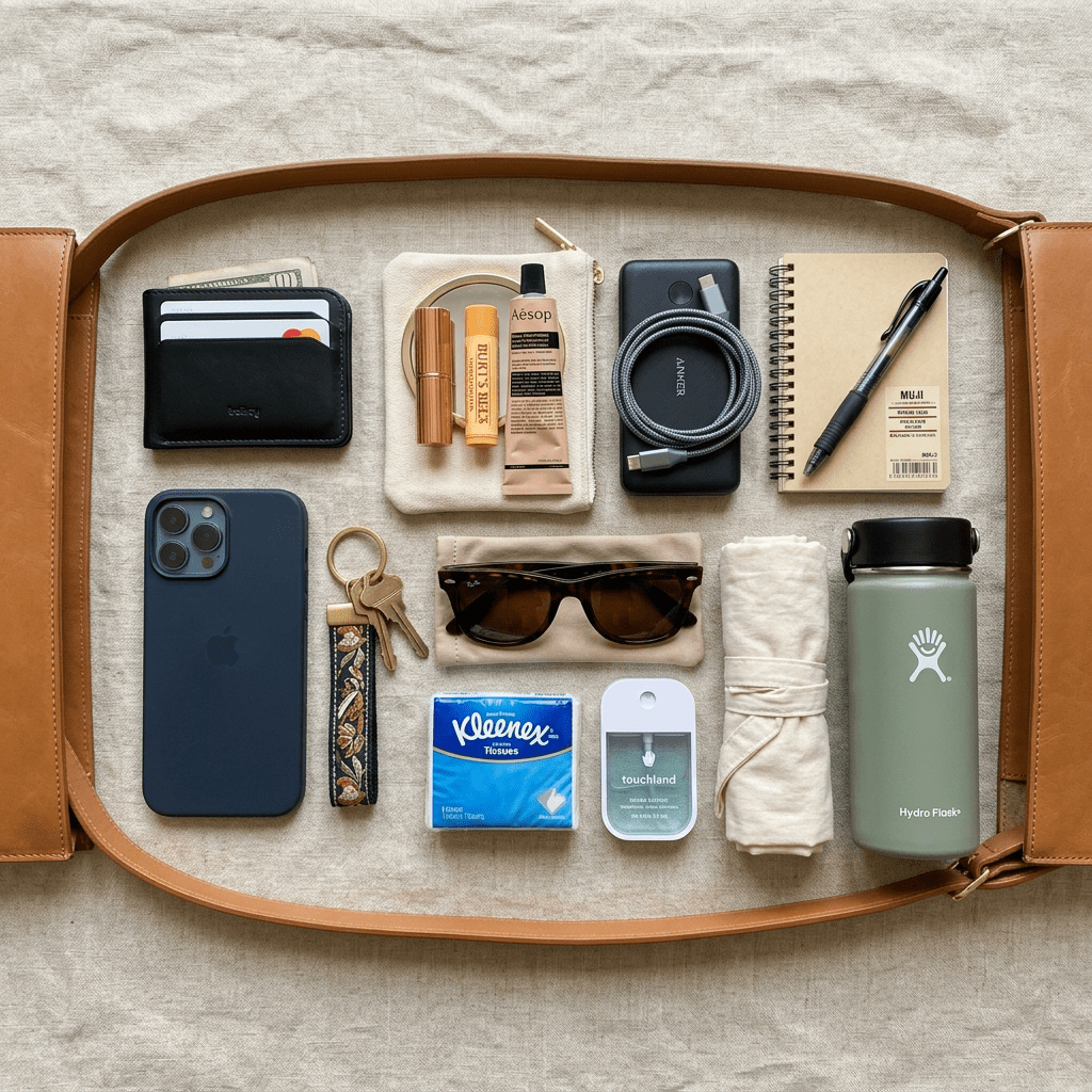 Wallet, keys, phone, sunglasses, lip balm, hand cream, notebook, pen, charger, tissues, sanitizer, water bottle inside leather bag