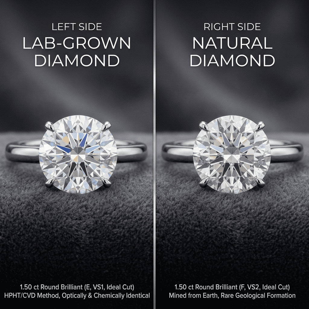 Lab-grown diamond and natural diamond rings compared side by side