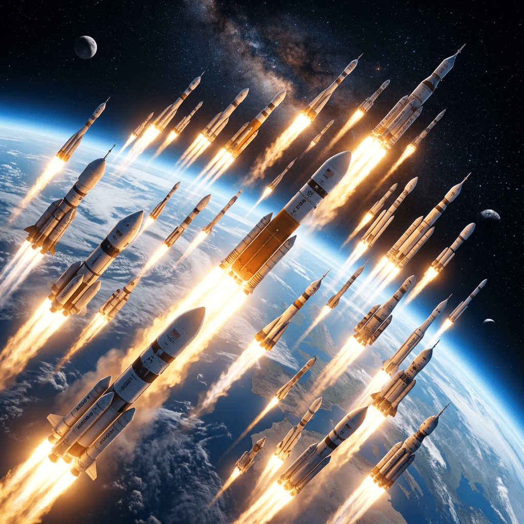 Various rockets with flames ascending above Earth toward space