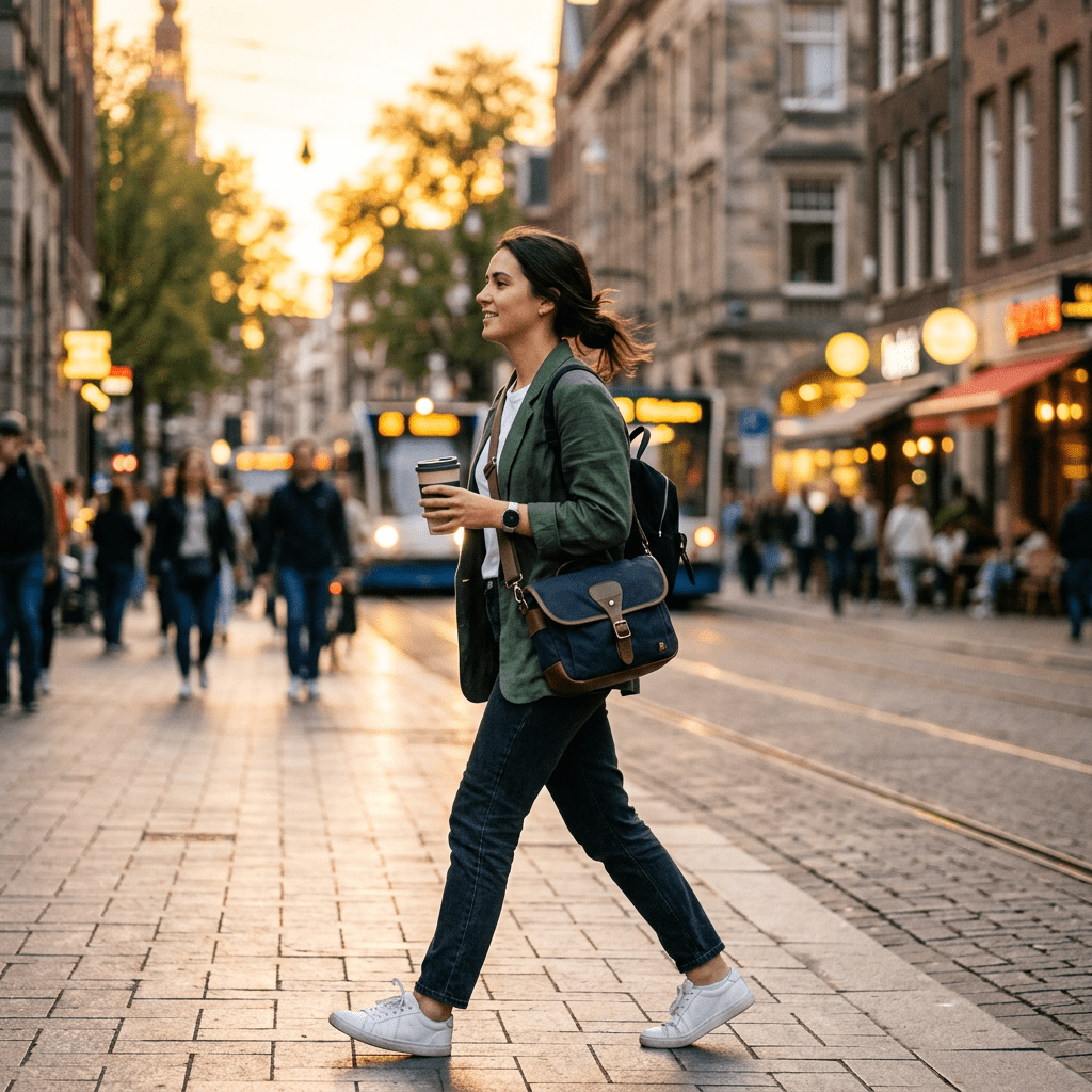 Woman crossing city street holding coffee cup with tram and pedestrians in background