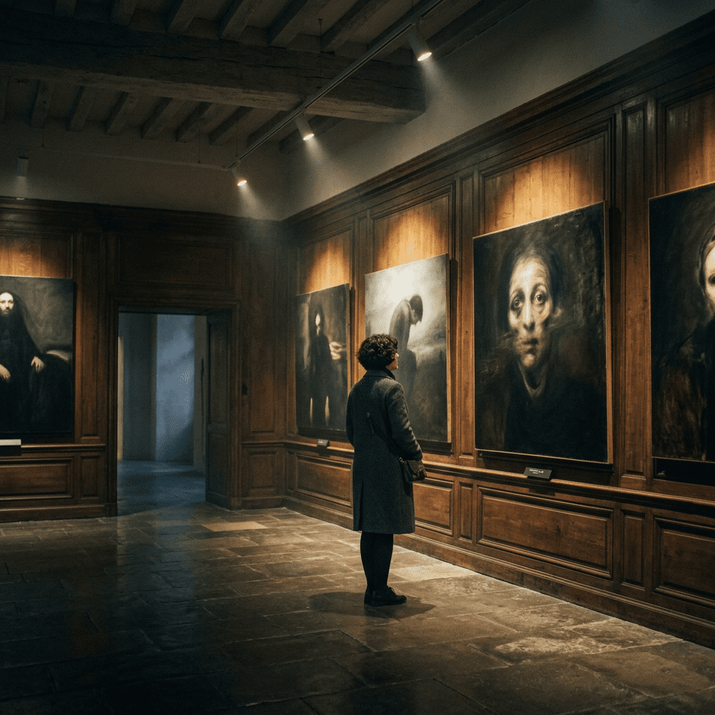 Person viewing a series of dark, emotional portraits in an art gallery with wooden walls