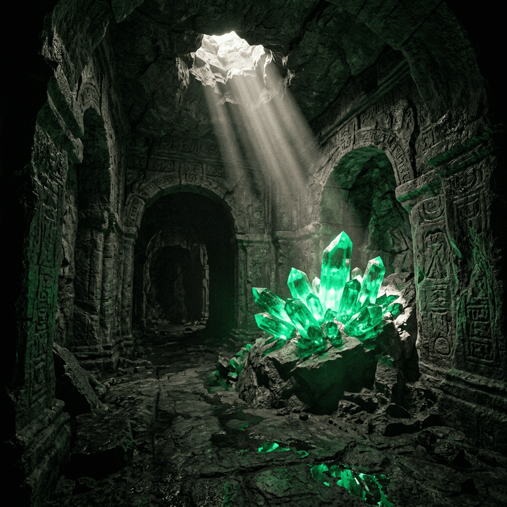 Glowing green crystals inside an ancient temple chamber with carved stone walls