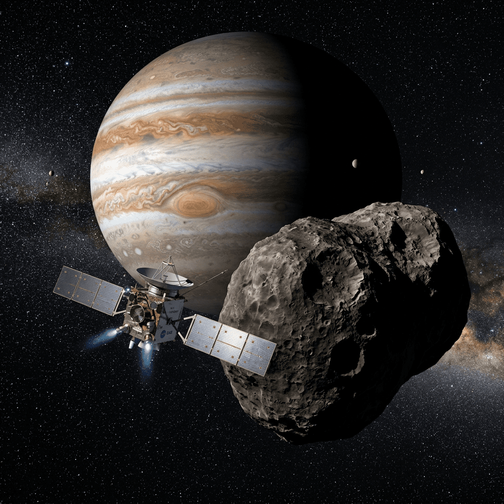 Spacecraft with solar panels near a rocky asteroid, Jupiter and its moons in the distance