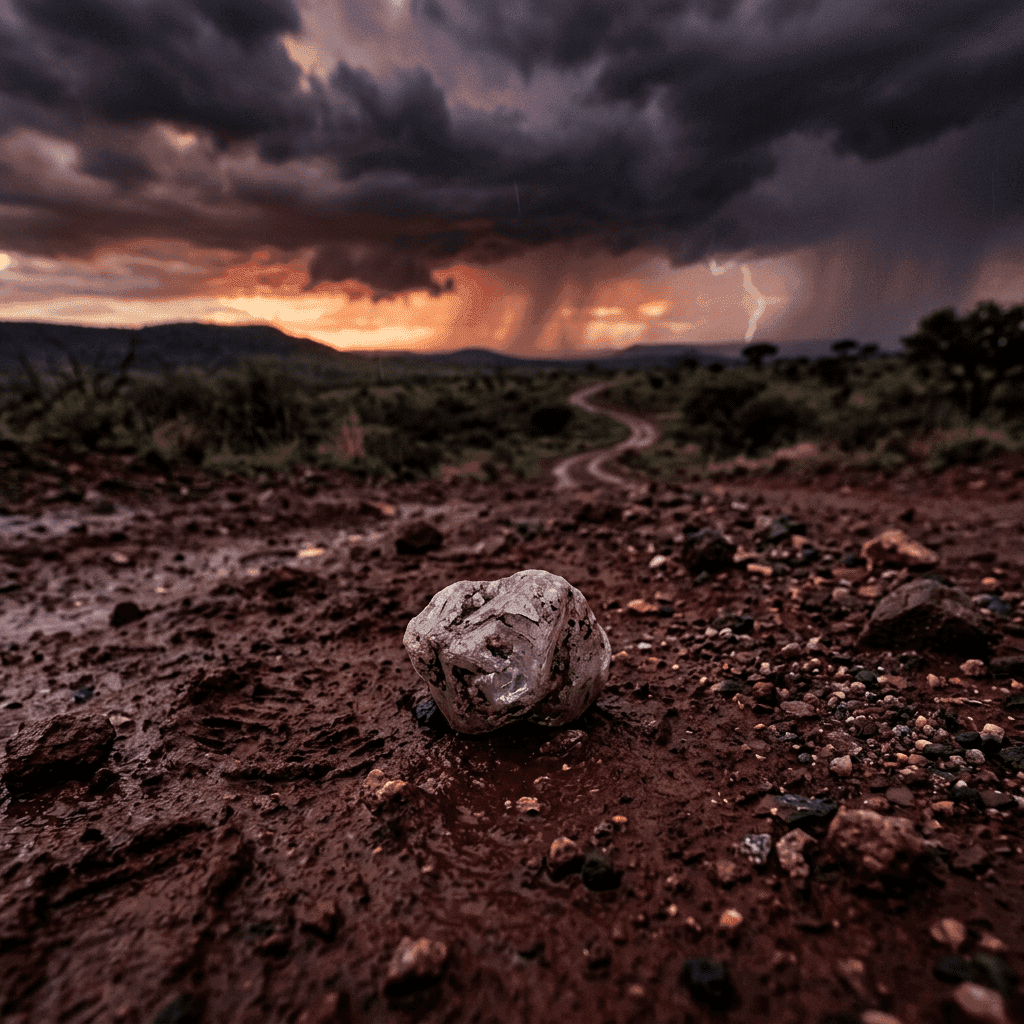 Rocky dirt road with a white stone in the foreground and lightning storm in the background