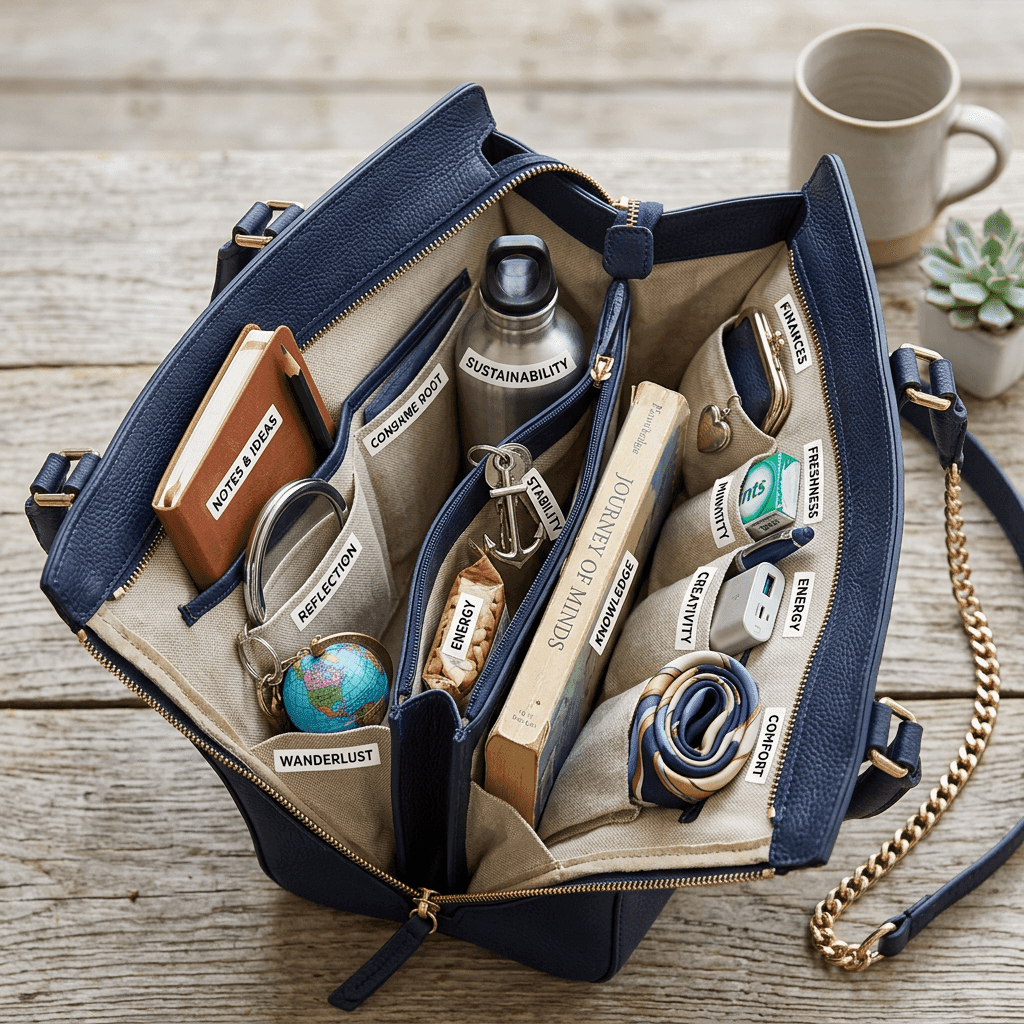 Handbag open to show labeled pockets with items like notes, globe, water bottle, book, and keychain