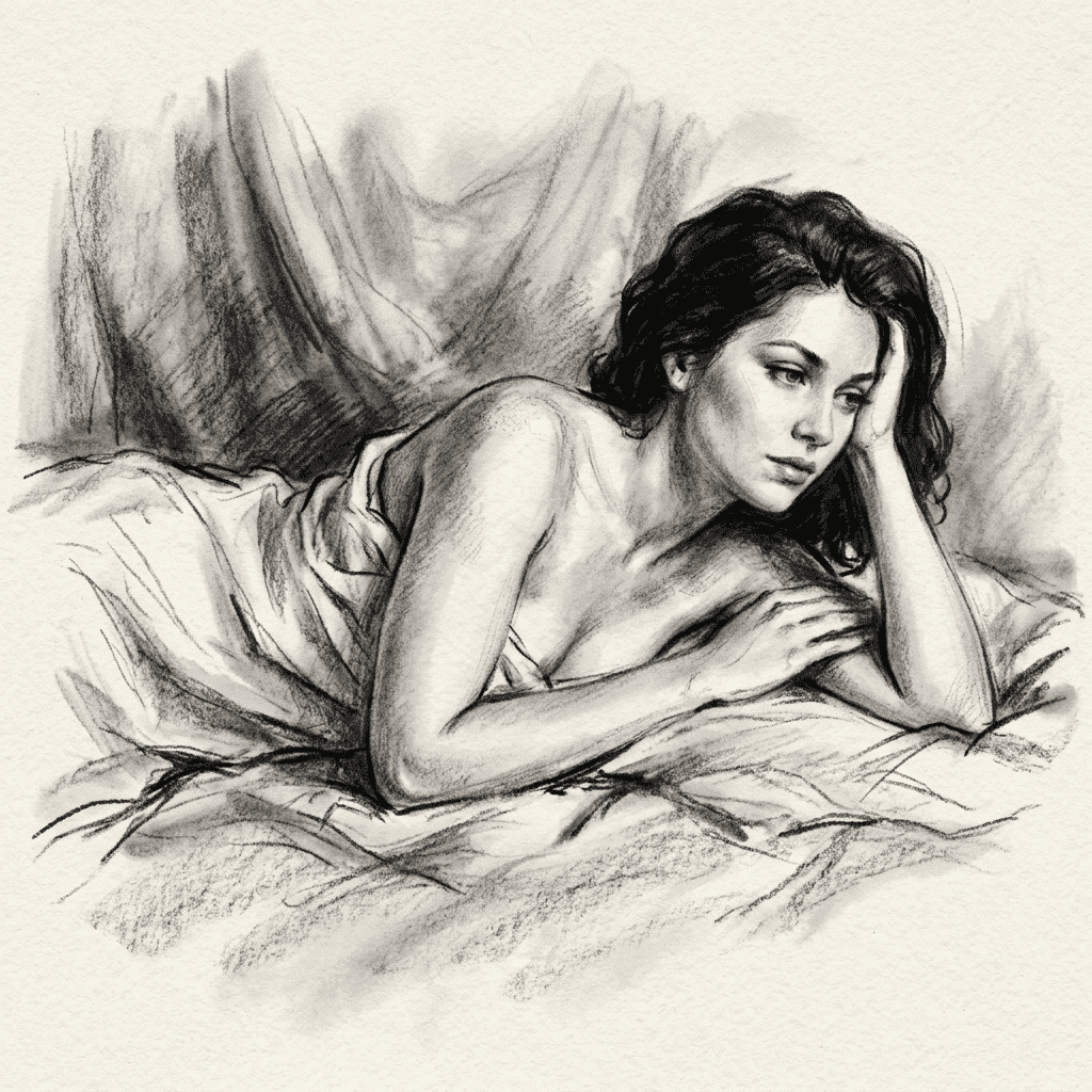Romantic charcoal sketch of nude woman reclining