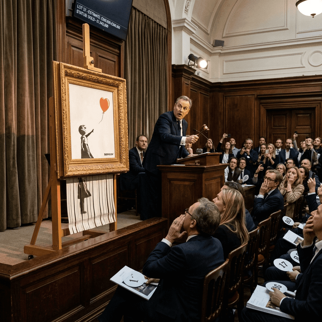 Banksy's Girl with Balloon artwork shredding during auction as auctioneer and bidders react