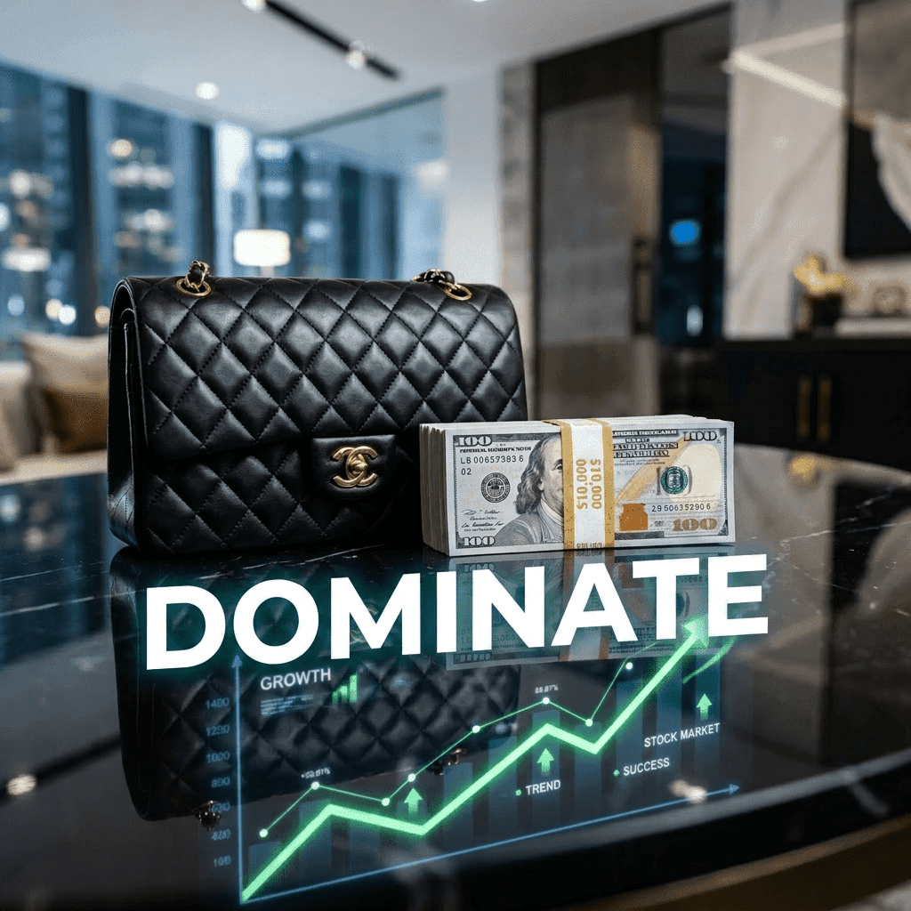 Black quilted designer handbag with gold clasp and stack of hundred dollar bills beside a digital stock market growth graph
