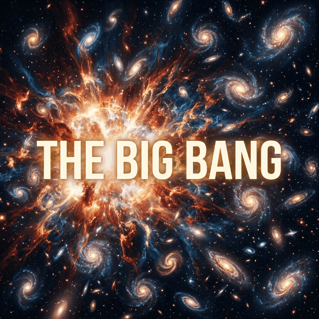 Bright cosmic explosion surrounded by numerous spiraling galaxies and stars
