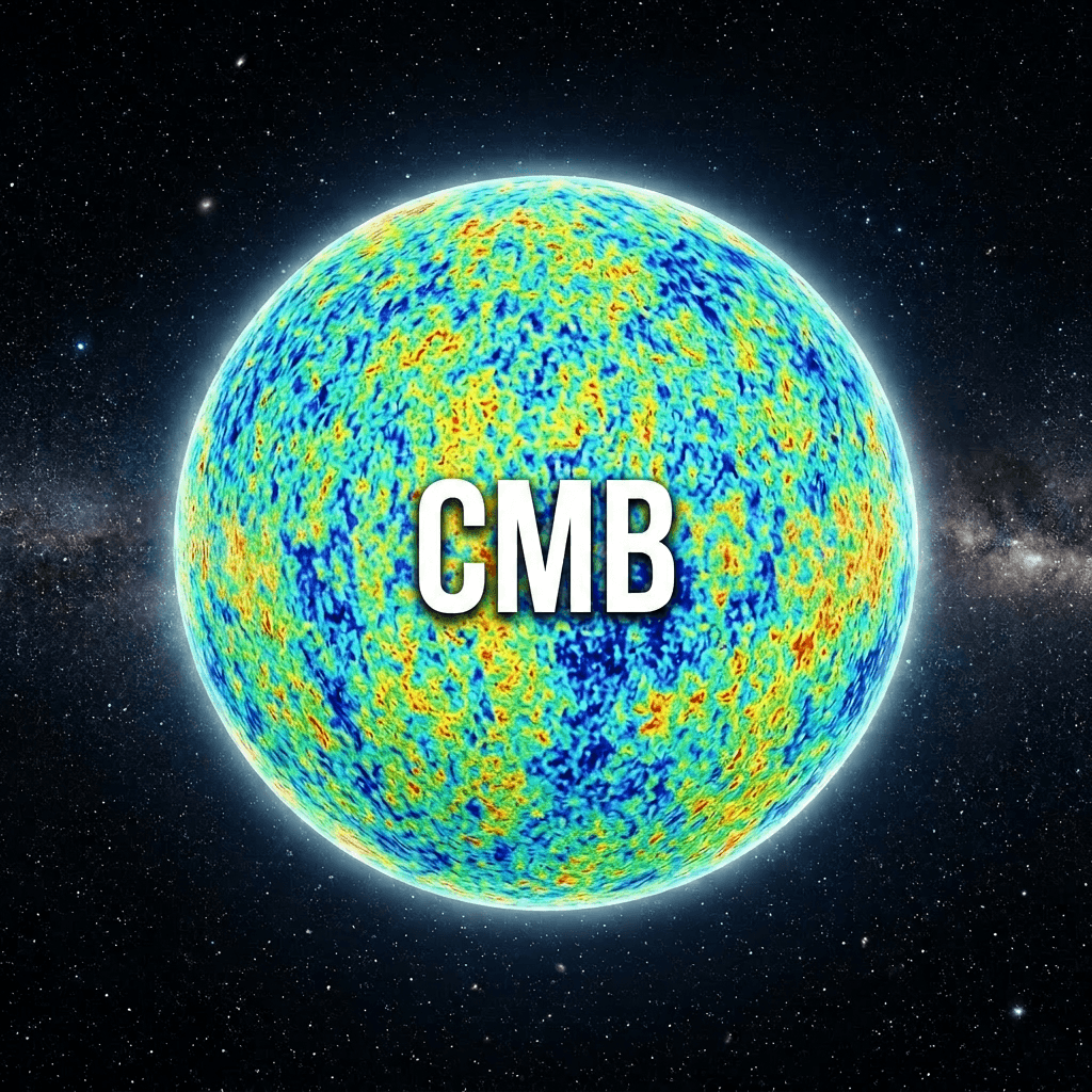 Spherical map of cosmic microwave background temperature variations with blue, red, and yellow regions against a starry background
