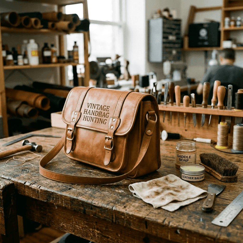 Brown leather satchel on wooden workbench with leather care items and crafting tools
