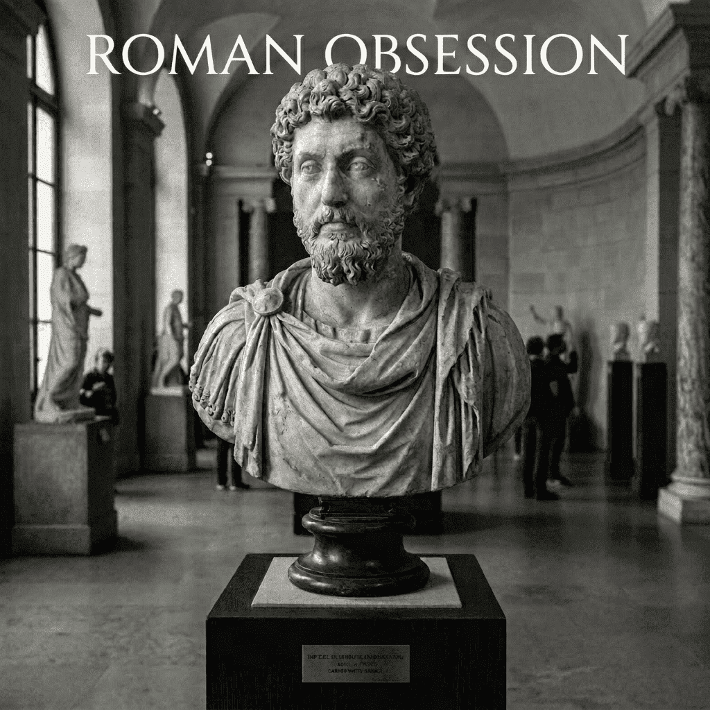 Roman marble bust of a bearded man with curly hair on a pedestal in a museum