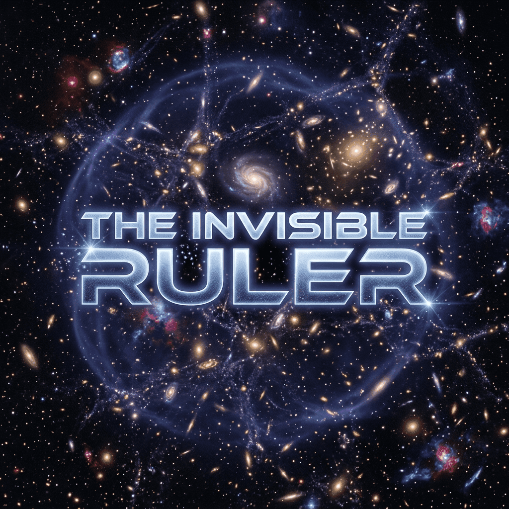 Cosmic web of galaxies and dark matter with text 'THE INVISIBLE RULER'