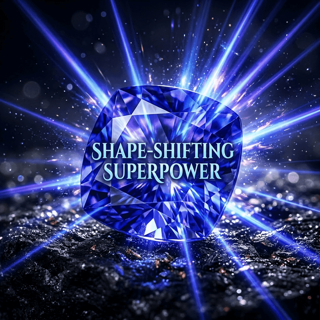 Brilliant deep blue faceted gemstone with glowing radiant light beams