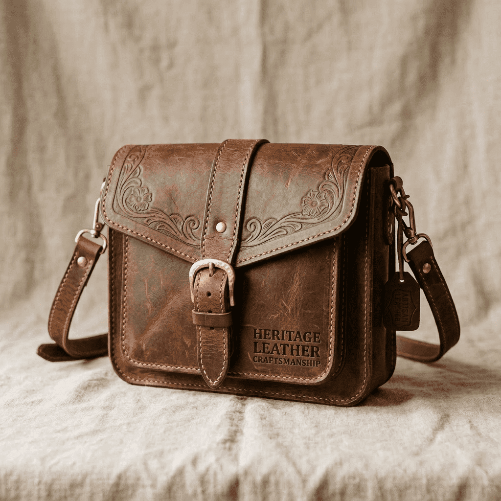 Brown leather satchel with floral embossing and brass buckle