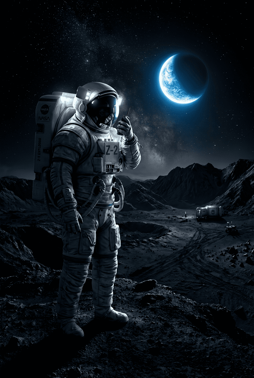 Astronaut standing on a rocky lunar surface holding a communication device with Earth and stars in the background