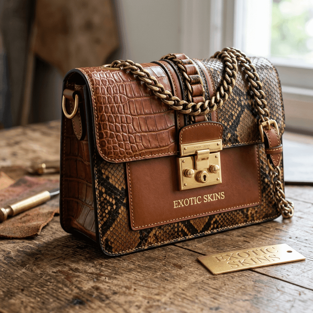 Luxury handbag with crocodile and snakeskin patterns, gold lock, and chain strap on wooden surface