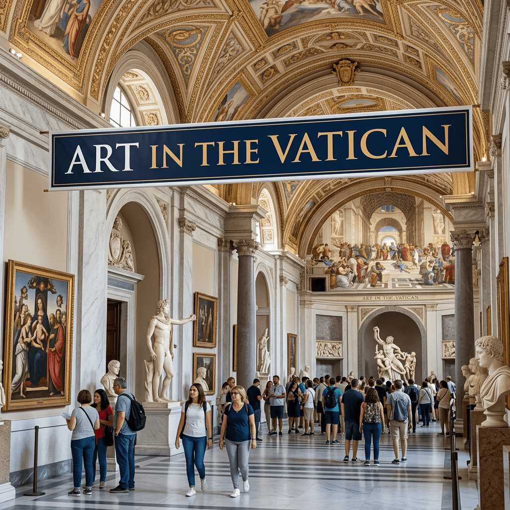 Visitors walking and viewing classical sculptures and paintings in the Vatican Museums gallery