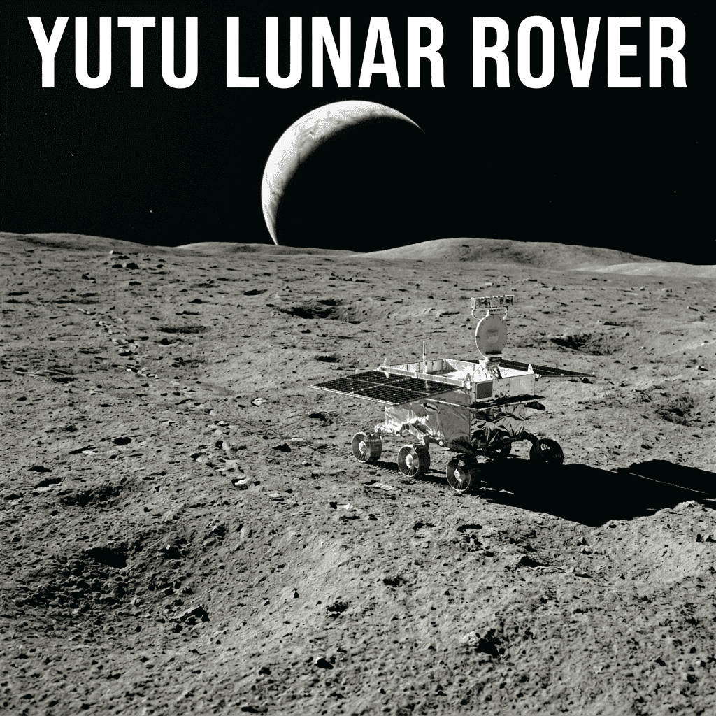 Lunar rover on moon's surface with Earth rising over horizon