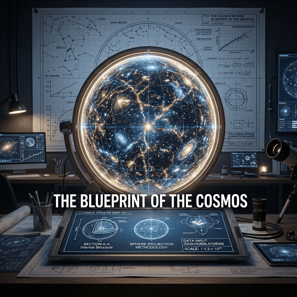 Interactive digital cosmos sphere map showing galaxy clusters and redshift scale