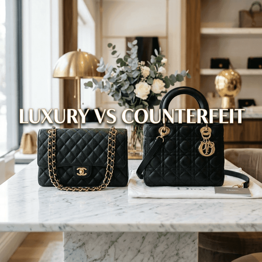 Two black designer handbags with gold accents placed on a marble table