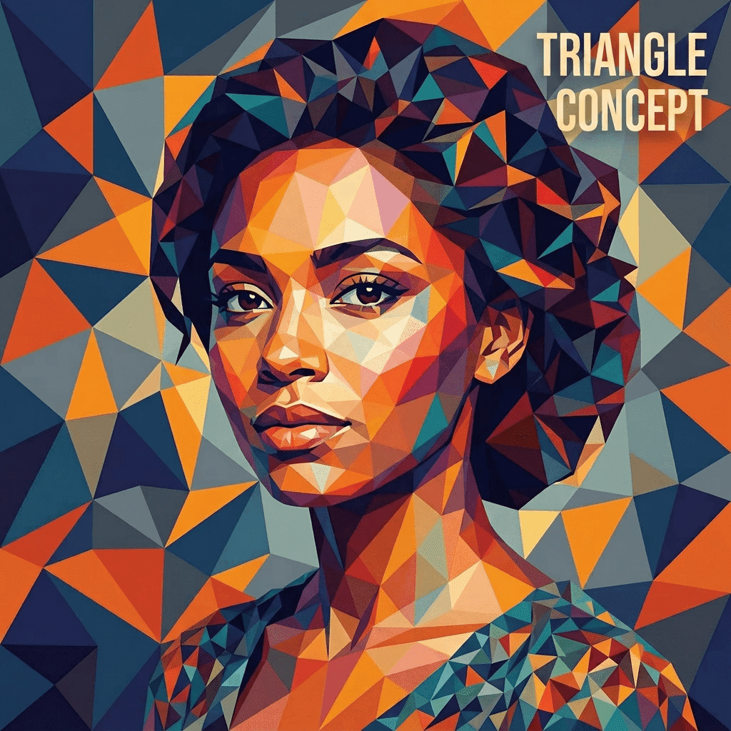 Abstract geometric portrait of a woman composed of colorful triangles