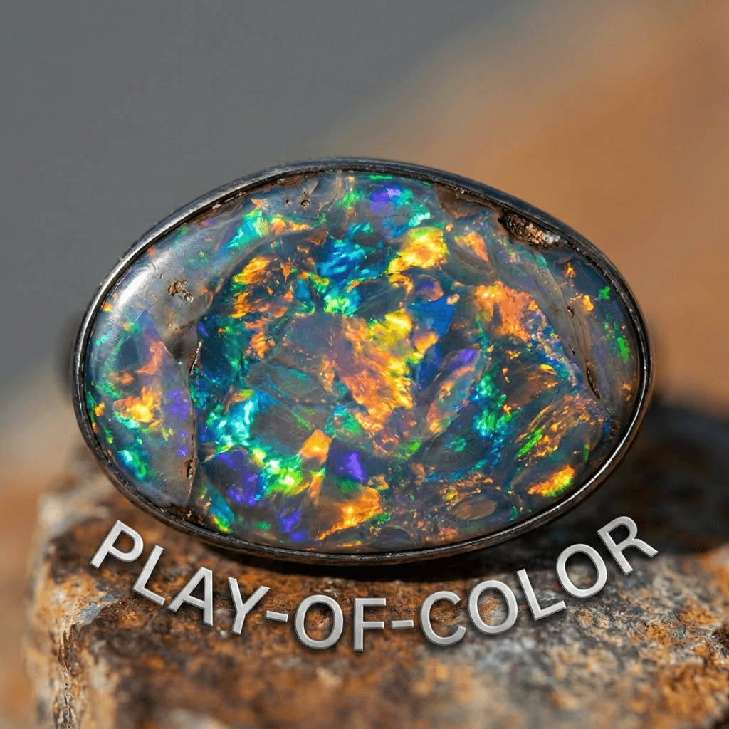 Oval-shaped black opal gemstone displaying bright flashes of green, blue, yellow, and orange colors