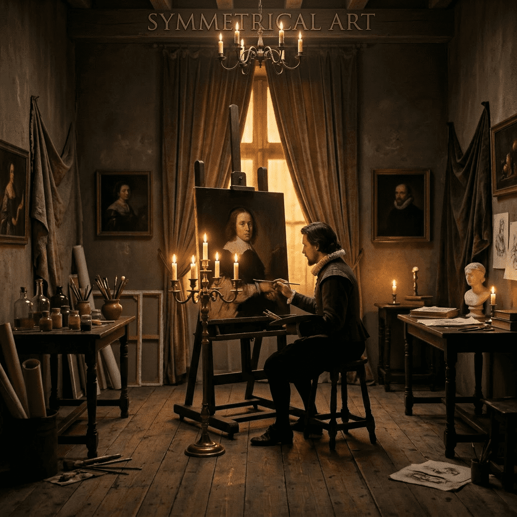 Artist painting a Renaissance-style portrait in a dimly lit studio with candles