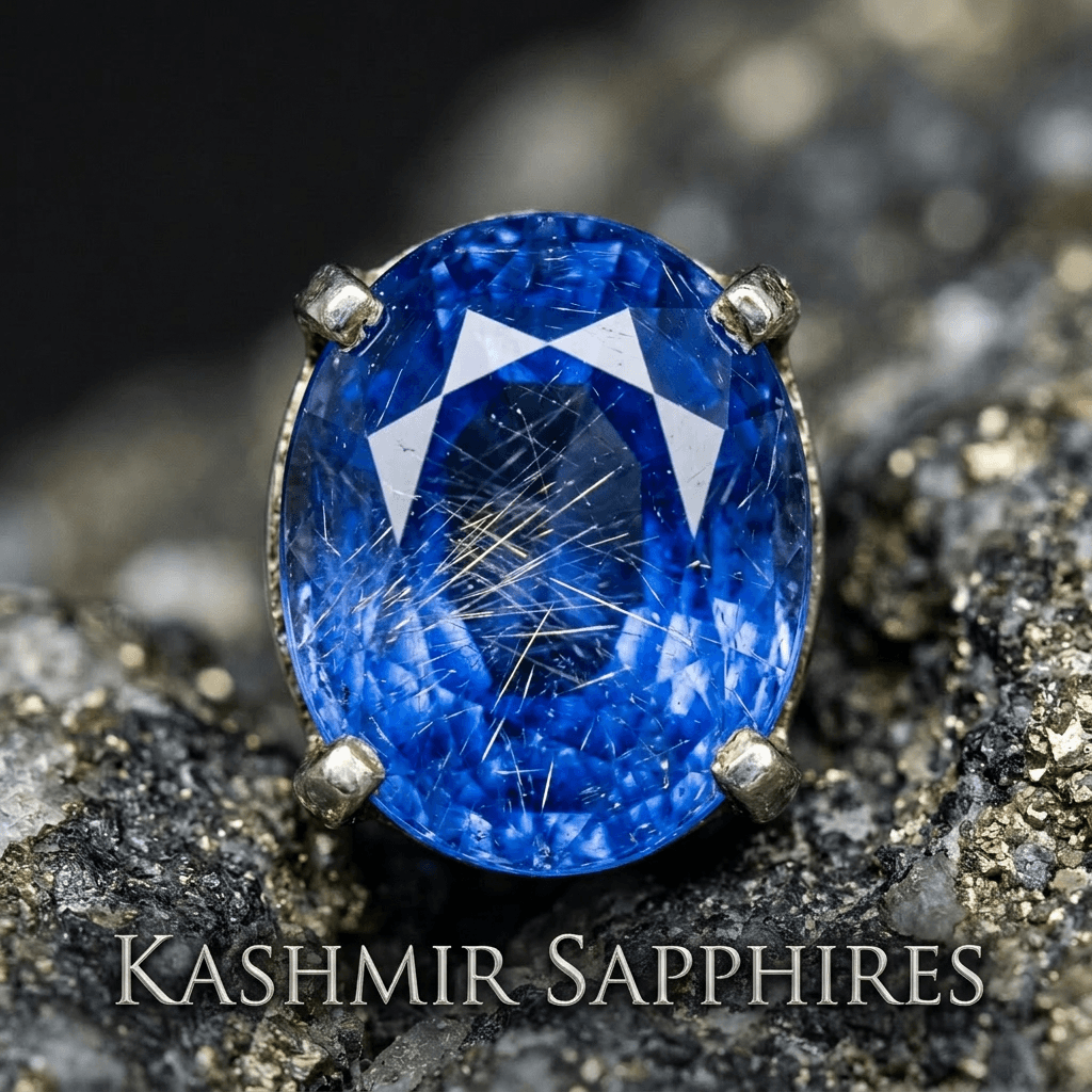 Faceted blue sapphire gemstone with golden rutilated inclusions in a metal setting on a textured stone surface