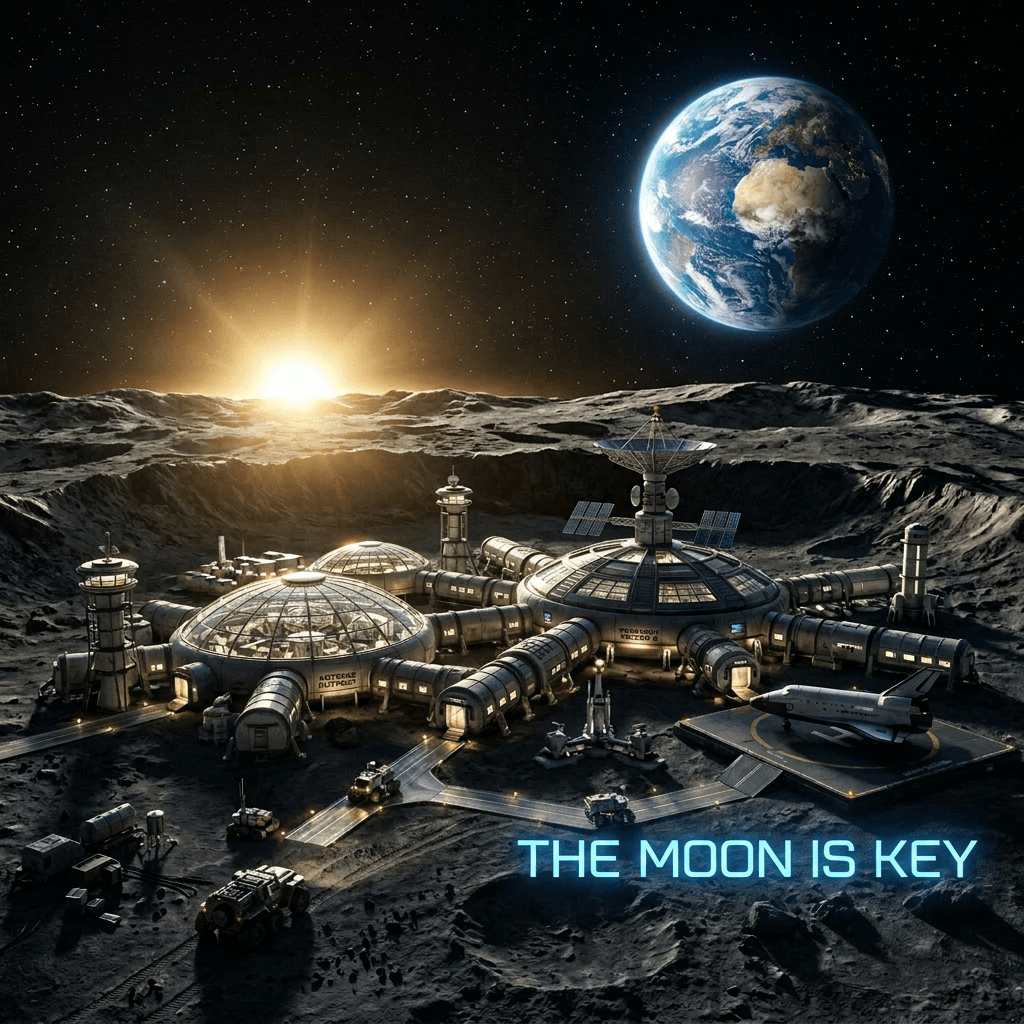 Futuristic lunar base with Earth visible above and sun rising over moon craters