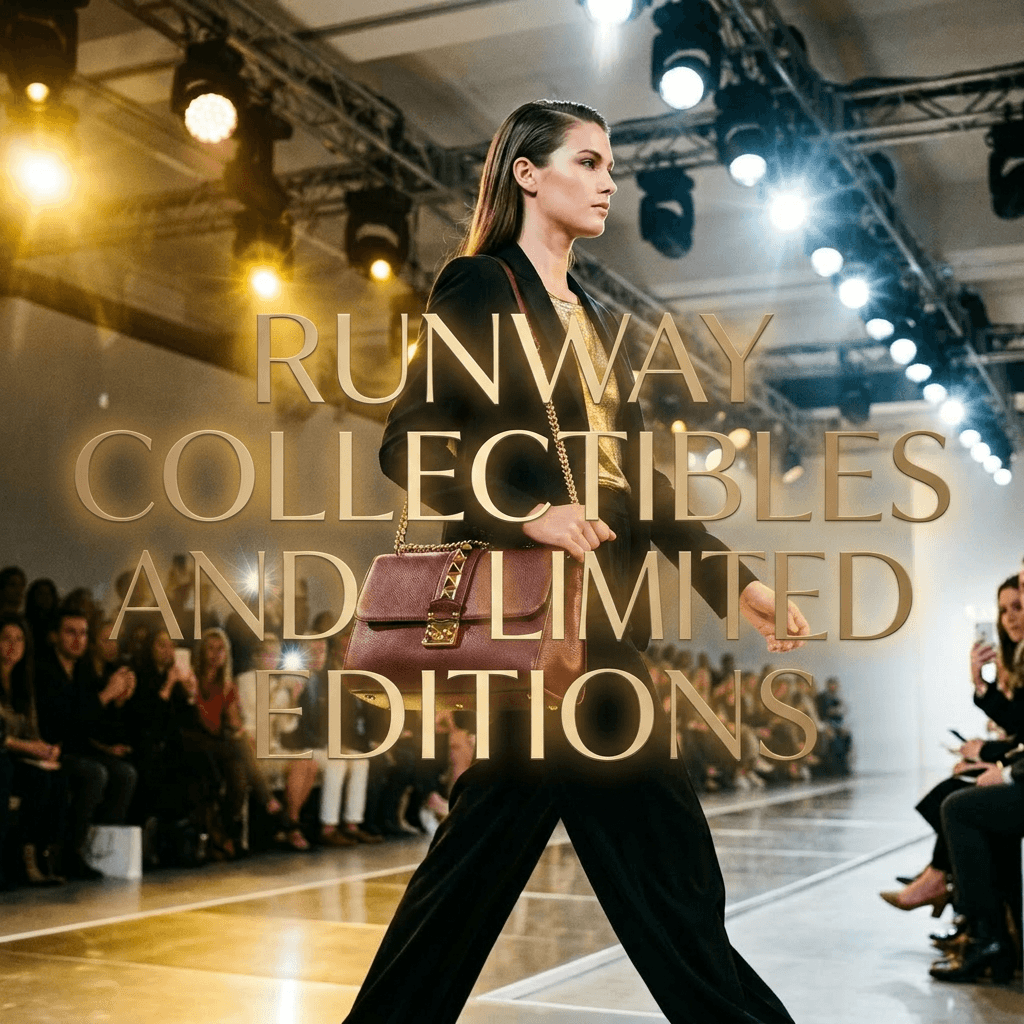 Model walking runway with burgundy handbag and black outfit