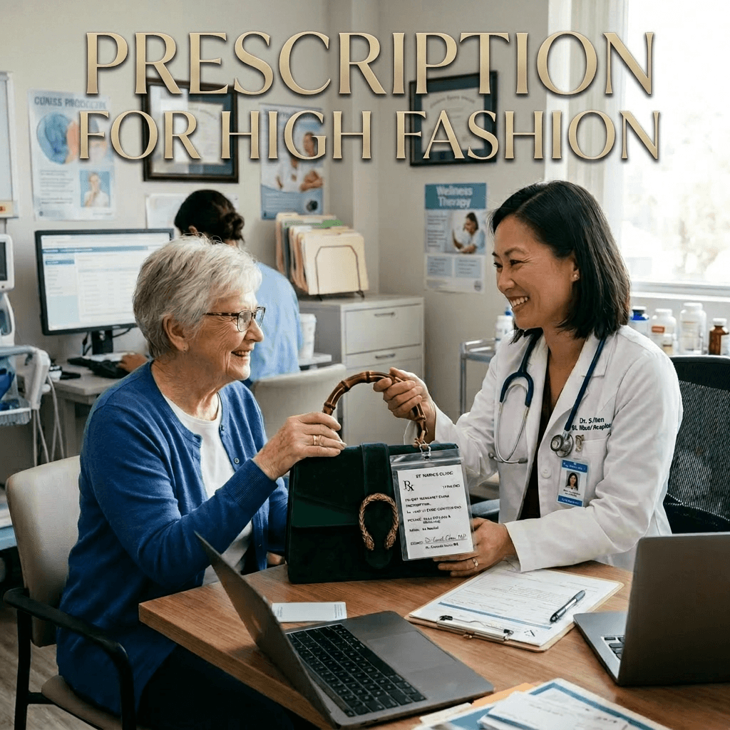 Doctor giving elderly patient a handbag with a prescription tag in medical office