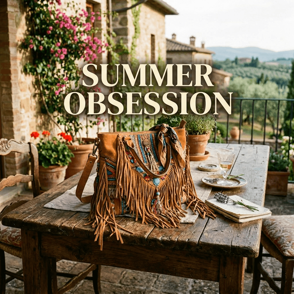 Boho fringed bag on wooden table with flowers and glass on outdoor patio