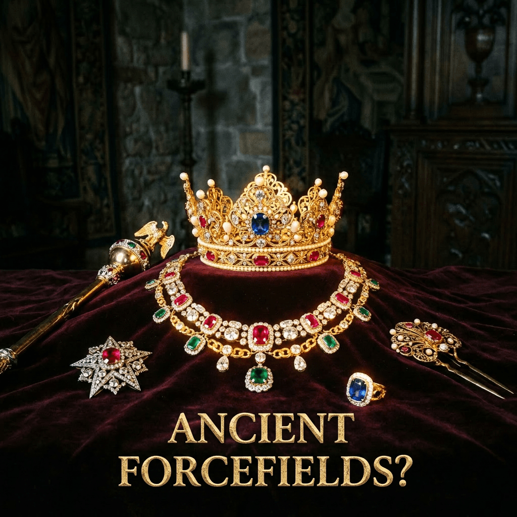 Gold royal crown with blue, red, green gemstones, necklace, ring, brooch, scepter on dark velvet