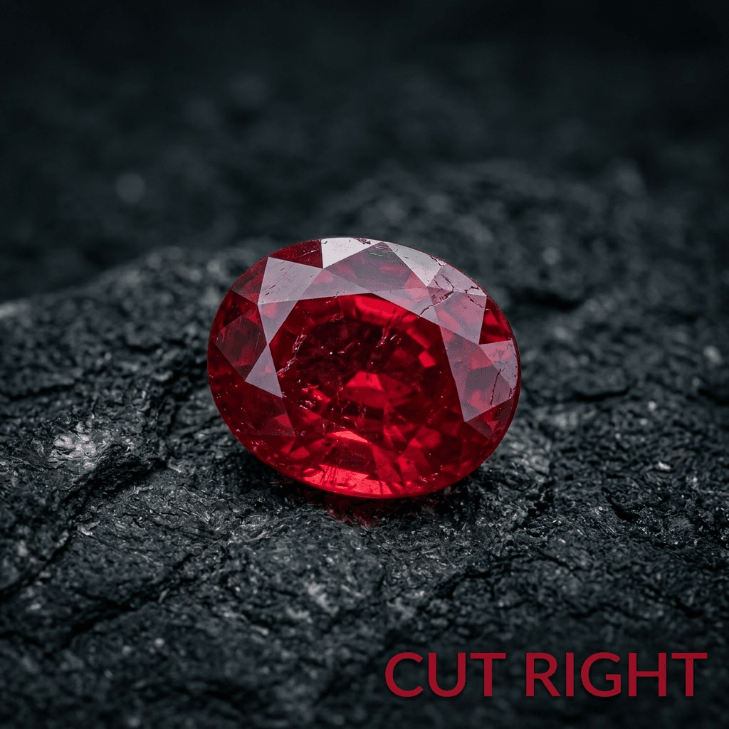 Faceted oval red ruby gemstone on rough textured dark rock