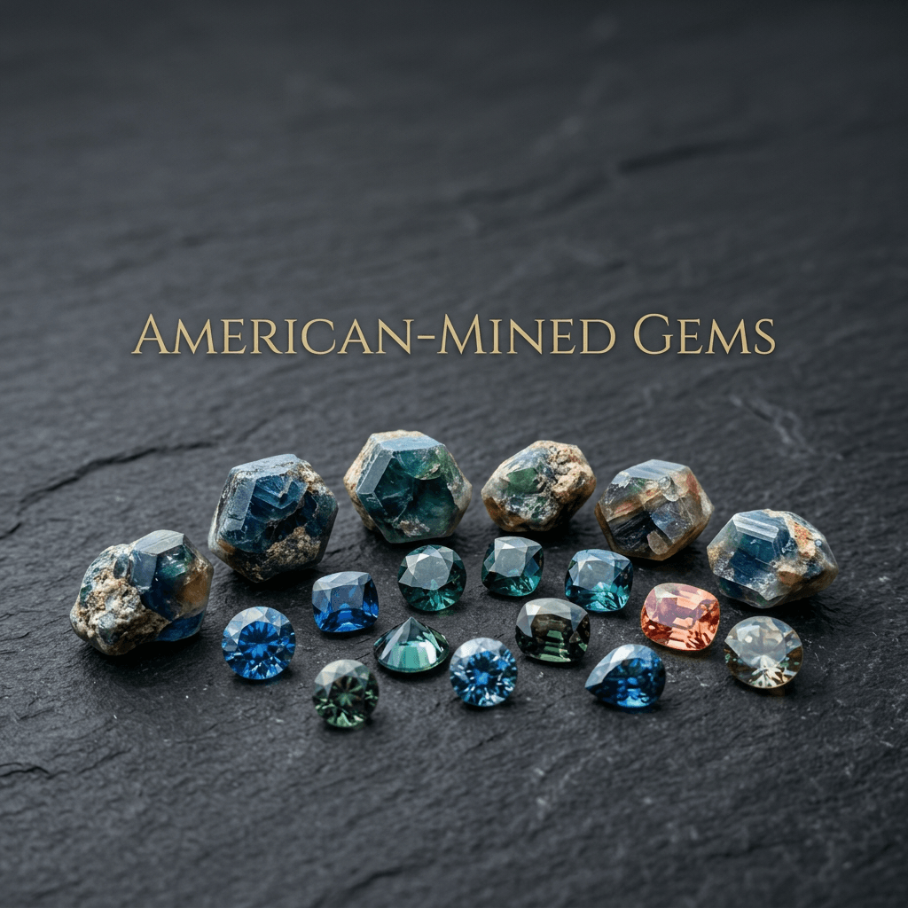 Various rough and polished gemstones arranged on a mossy rock with a pickaxe and pan in background